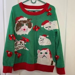Tipsy Elves Cat Bow Jingle Bell Ugly Christmas Sweater Size L